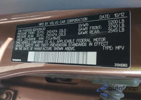 2013 Volvo Xc60 3.2 Premier из США, поврежденный, VIN YV4952DL8D2409430